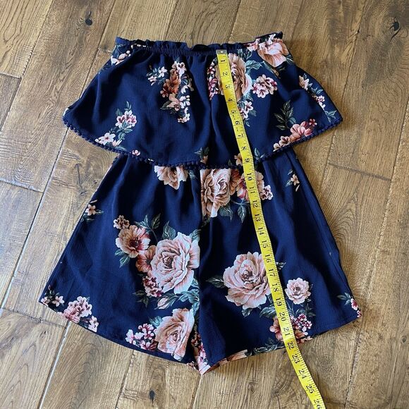 Navy Daytrip Rose Floral Strapless Short Flutter Romper Size XS Juniors/Teen - Picture 3 of 7